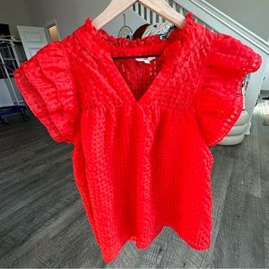 ENTRO Red Sheer Grid V Neck Ruffle Sleeves Top Blouse Large